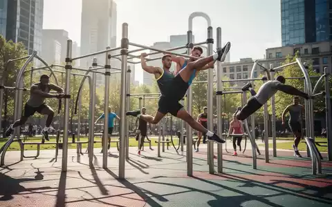 Eine Gruppe von Menschen trainiert an modernen Calisthenics-Geräten in einem sonnigen Stadtpark. - Foto: über boerse-global.de