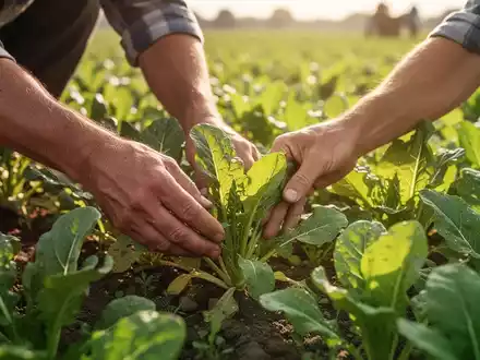 Nahaufnahme der Hände eines Bauern, die in einem sonnigen Feld grüne Pflanzen pflegen, mit Fokus auf nachhaltige Landwirtschaft. - Foto: über boerse-global.de
