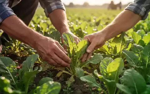 Nahaufnahme der Hände eines Bauern, die in einem sonnigen Feld grüne Pflanzen pflegen, mit Fokus auf nachhaltige Landwirtschaft. - Foto: über boerse-global.de
