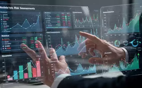 Eine digitale Schnittstelle zeigt Finanzmodelle und Risikobewertungen mit Umweltdaten. Hände interagieren mit einem Touchscreen. - Foto: über boerse-global.de