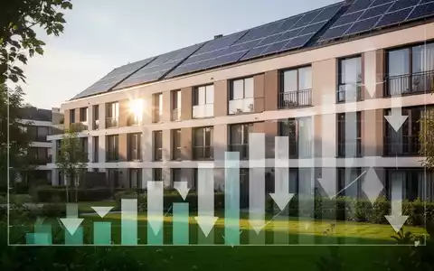 Ein modernes, energieeffizientes Wohngebäude mit Solarpaneelen und grüner Landschaft, das sinkende Fördermittel symbolisiert. - Foto: über boerse-global.de