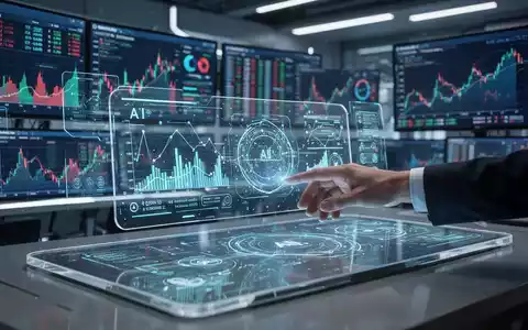 Eine futuristische Finanzumgebung, in der eine menschliche Hand mit holographischen KI-Modellen und Finanzdaten interagiert. - Foto: über boerse-global.de