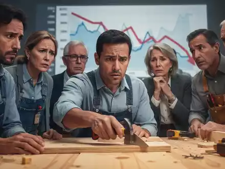 Eine Gruppe besorgter Menschen beobachtet einen Handwerker, der arbeitet, während ein Diagramm im Hintergrund sinkende Werte zeigt. - Foto: über boerse-global.de
