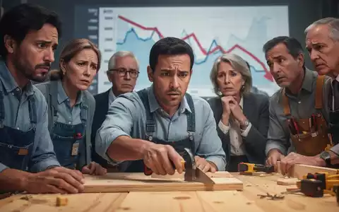 Eine Gruppe besorgter Menschen beobachtet einen Handwerker, der arbeitet, während ein Diagramm im Hintergrund sinkende Werte zeigt. - Foto: über boerse-global.de