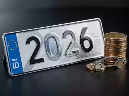 Eine Nahaufnahme einer stilisierten deutschen Nummernschild-Plakette mit '2026', Euro-Münzen und einer abstrakten Autosilhouette auf dunklem Hintergrund. - Foto: über boerse-global.de