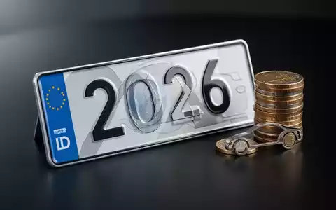 Eine Nahaufnahme einer stilisierten deutschen Nummernschild-Plakette mit '2026', Euro-Münzen und einer abstrakten Autosilhouette auf dunklem Hintergrund. - Foto: über boerse-global.de