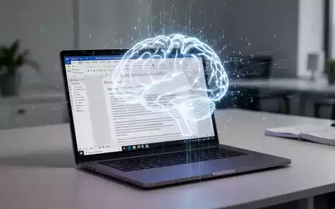 KI-Gehirn über Word-Dokument auf Laptop, digitale Datenströme - Foto: über boerse-global.de