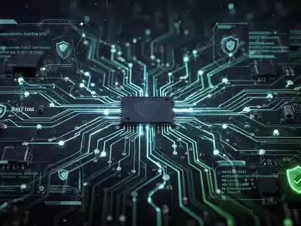 Nahaufnahme einer beleuchteten Platine mit digitalen Overlays, die Fehlerbehebungen, Updates und Datenfluss in Windows 11 symbolisieren. - Foto: über boerse-global.de