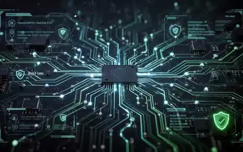 Nahaufnahme einer beleuchteten Platine mit digitalen Overlays, die Fehlerbehebungen, Updates und Datenfluss in Windows 11 symbolisieren. - Foto: über boerse-global.de