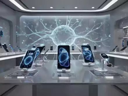 Ein futuristischer Tech-Store mit leuchtenden Preisschildern auf Smartphones und KI-Geräten, im Hintergrund abstrakte KI-Netzwerke. - Foto: über boerse-global.de