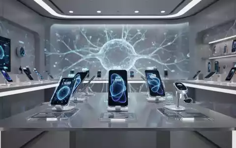 Ein futuristischer Tech-Store mit leuchtenden Preisschildern auf Smartphones und KI-Geräten, im Hintergrund abstrakte KI-Netzwerke. - Foto: über boerse-global.de
