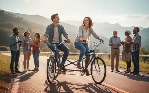 Zwei Personen fahren ein Tandemfahrrad auf einer Straße, im Hintergrund unterhalten sich Menschen in einer offenen, einladenden Umgebung. - Foto: über boerse-global.de