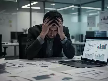 Eine gestresste Person mit dem Kopf in den Händen in einem modernen Büro, umgeben von verschwommenen Dokumenten und einem Laptop. - Foto: über boerse-global.de