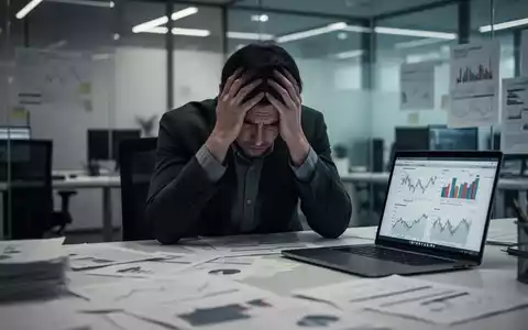 Eine gestresste Person mit dem Kopf in den Händen in einem modernen Büro, umgeben von verschwommenen Dokumenten und einem Laptop. - Foto: über boerse-global.de