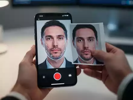 Ein Smartphone-Bildschirm zeigt ein Gesicht, während eine unscharfe Hand ein Foto des Gesichts vor das Telefon hält, um es zu entsperren. - Foto: über boerse-global.de