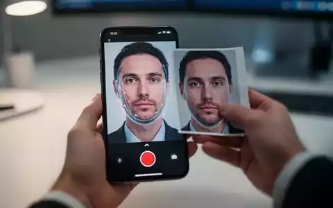 Ein Smartphone-Bildschirm zeigt ein Gesicht, während eine unscharfe Hand ein Foto des Gesichts vor das Telefon hält, um es zu entsperren. - Foto: über boerse-global.de