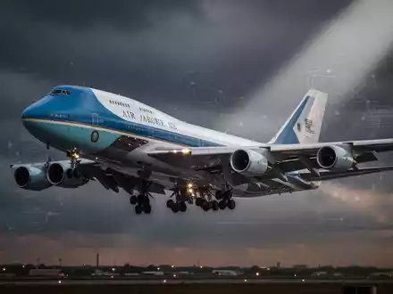 Air Force One (Boeing 747-8) startet vor dramatischem Himmel, symbolisiert Berichterstattung und Sicherheitsbedenken. - Foto: über boerse-global.de