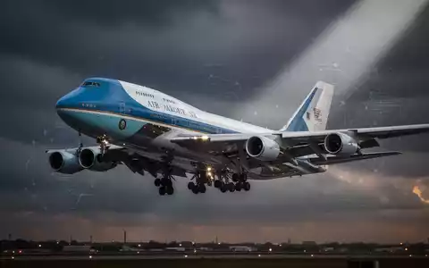 Air Force One (Boeing 747-8) startet vor dramatischem Himmel, symbolisiert Berichterstattung und Sicherheitsbedenken. - Foto: über boerse-global.de