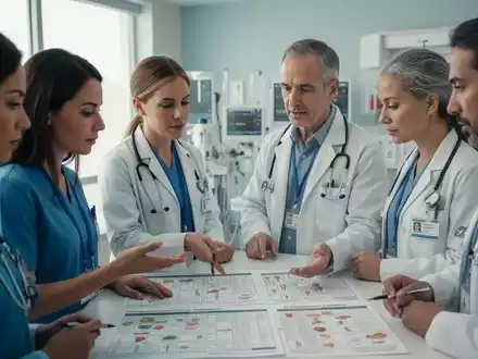 Medizinische Fachkräfte besprechen Ernährungspläne eines Patienten in einem modernen Krankenhausumfeld, im Fokus die Ernährungsmedizin. - Foto: über boerse-global.de