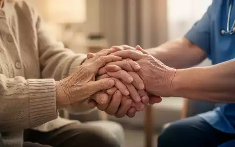 Hände einer älteren Person werden von den Händen einer Pflegekraft gehalten, was Fürsorge und Unterstützung in einer modernen Pflegeeinrichtung symbolisiert. - Foto: über boerse-global.de