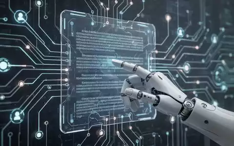 Eine futuristische Darstellung von Datenflüssen und Schaltkreisen, mit einer Roboterhand, die einen Bildschirm mit Gesetzestext berührt, symbolisiert KI-Regulierung. - Foto: über boerse-global.de