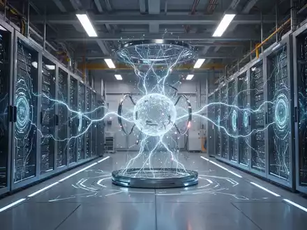 Eine futuristische Fabrik mit KI-Server-Racks und Quantencomputing-Elementen, die Innovation und Partnerschaft symbolisieren. - Foto: über boerse-global.de