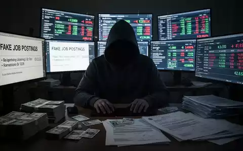 Verschwommene Gestalt in einem schwach beleuchteten Raum, erleuchtet von Bildschirmen mit gefälschten Stellenanzeigen und Finanzdaten. - Foto: über boerse-global.de