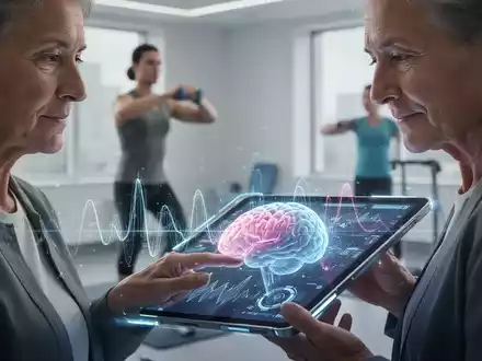 Eine Person betrachtet ein Tablet mit Gehirnaktivitätsmustern, im Hintergrund eine verschwommene Person beim Sport. Fokus auf Gehirnjogging und Technologie. - Foto: über boerse-global.de