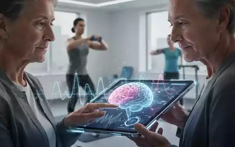 Eine Person betrachtet ein Tablet mit Gehirnaktivitätsmustern, im Hintergrund eine verschwommene Person beim Sport. Fokus auf Gehirnjogging und Technologie. - Foto: über boerse-global.de