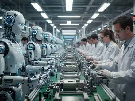Humanoide Roboter arbeiten am Fließband mit menschlichen Arbeitern in einer modernen, hell erleuchteten Fabrik. - Foto: über boerse-global.de