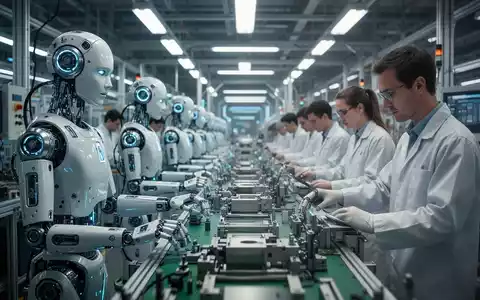 Humanoide Roboter arbeiten am Fließband mit menschlichen Arbeitern in einer modernen, hell erleuchteten Fabrik. - Foto: über boerse-global.de