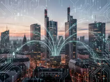 Futuristische Frankfurter Skyline in der Dämmerung mit digitalen Datenströmen und Leiterplattenmustern, die Deutschlands digitale Wirtschaft symbolisieren. - Foto: über boerse-global.de
