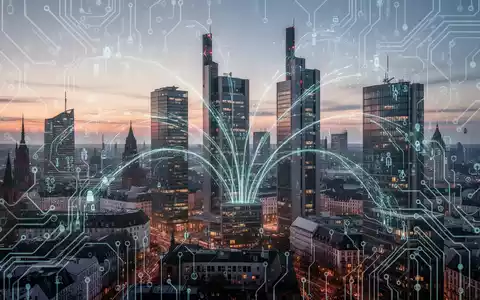 Futuristische Frankfurter Skyline in der Dämmerung mit digitalen Datenströmen und Leiterplattenmustern, die Deutschlands digitale Wirtschaft symbolisieren. - Foto: über boerse-global.de