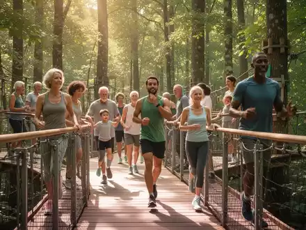 Eine vielfältige Gruppe von Familien und Einzelpersonen nimmt an Gesundheitsaktivitäten auf einem Baumwipfelpfad teil. - Foto: über boerse-global.de