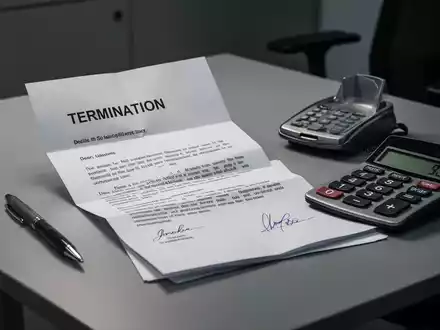 Ein Schreibtisch mit einem Kündigungsschreiben, einem Stift und einem Taschenrechner, der eine negative Zahl anzeigt. - Foto: über boerse-global.de