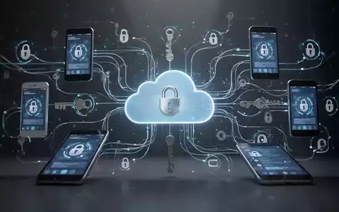 Vernetzte Passkeys und Sicherheitssymbole, mit abstrakten Linien zwischen Mobilgeräten und einer zentralen Cloud. - Foto: über boerse-global.de