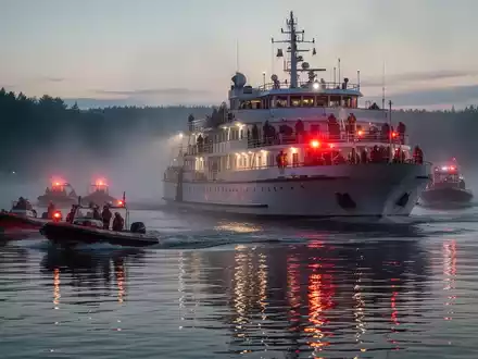 Rettungsboote nähern sich bei Dämmerung einem Passagierschiff auf einem See, dessen Notbeleuchtung auf dem Wasser reflektiert. - Foto: über boerse-global.de