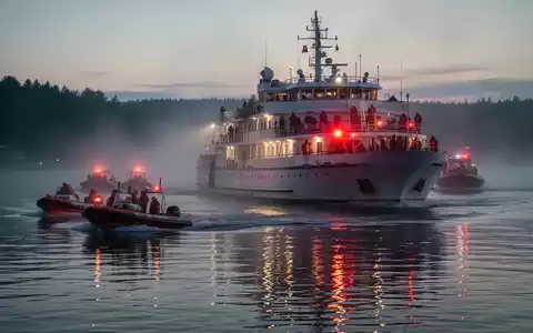 Rettungsboote nähern sich bei Dämmerung einem Passagierschiff auf einem See, dessen Notbeleuchtung auf dem Wasser reflektiert. - Foto: über boerse-global.de