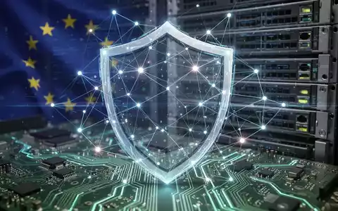 Abstrakte Darstellung von Cybersicherheitsvorschriften mit digitalen Linien, leuchtenden Knoten und einer schützenden Schicht über einer Platine. - Foto: über boerse-global.de