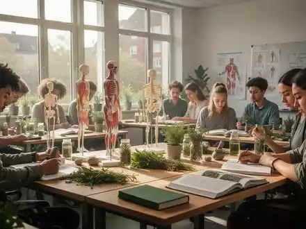 Eine Gruppe von Studenten in einem hellen Klassenzimmer in Rostock studiert Naturheilkunde mit Büchern und botanischen Materialien. - Foto: über boerse-global.de