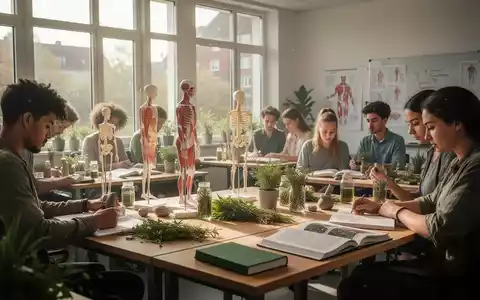 Eine Gruppe von Studenten in einem hellen Klassenzimmer in Rostock studiert Naturheilkunde mit Büchern und botanischen Materialien. - Foto: über boerse-global.de