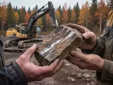 Geologenhand hält Gesteinskernprobe mit metallischen Adern vor Herbstwald und Bergbauausrüstung. - Foto: über boerse-global.de