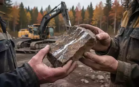 Geologenhand hält Gesteinskernprobe mit metallischen Adern vor Herbstwald und Bergbauausrüstung. - Foto: über boerse-global.de