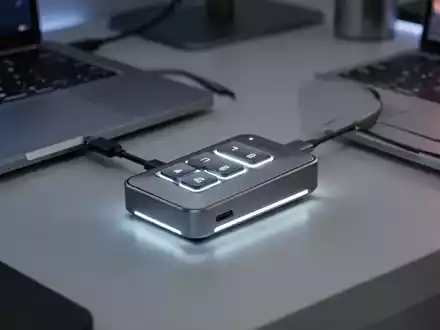 Schlankes, minimalistisches Drei-Tasten-Mini-Keypad per USB-C mit MacBook verbunden, sanft leuchtend auf modernem Schreibtisch. - Foto: über boerse-global.de