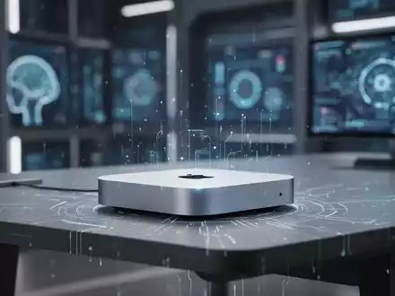 Schlanker Apple Mac Mini auf modernem Schreibtisch, beleuchtet von digitalem Licht, symbolisiert KI-Verarbeitung. - Foto: über boerse-global.de