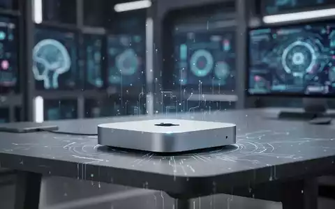 Schlanker Apple Mac Mini auf modernem Schreibtisch, beleuchtet von digitalem Licht, symbolisiert KI-Verarbeitung. - Foto: über boerse-global.de