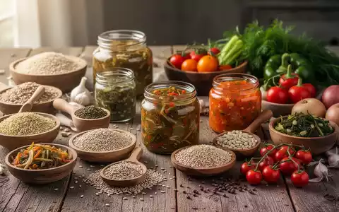 Eine Auswahl traditioneller, gesunder Lebensmittel wie fermentiertes Gemüse, Getreide und frische Produkte auf einem Holztisch. - Foto: über boerse-global.de