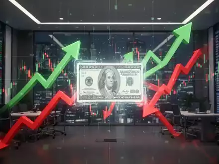 Abstrakte Darstellung von Aktienmarktaktivitäten mit Pfeilen und einem digitalen Aktienzertifikat in einem Finanzhandelsraum. - Foto: über boerse-global.de