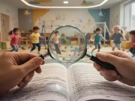 Eine Hand hält eine Lupe über ein Gesetzestext, während im Hintergrund verschwommen Kinder in einem Kindergarten spielen. - Foto: über boerse-global.de