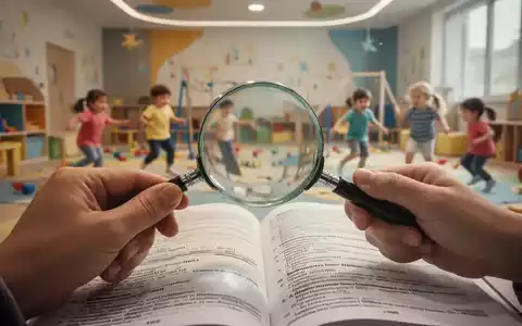 Eine Hand hält eine Lupe über ein Gesetzestext, während im Hintergrund verschwommen Kinder in einem Kindergarten spielen. - Foto: über boerse-global.de